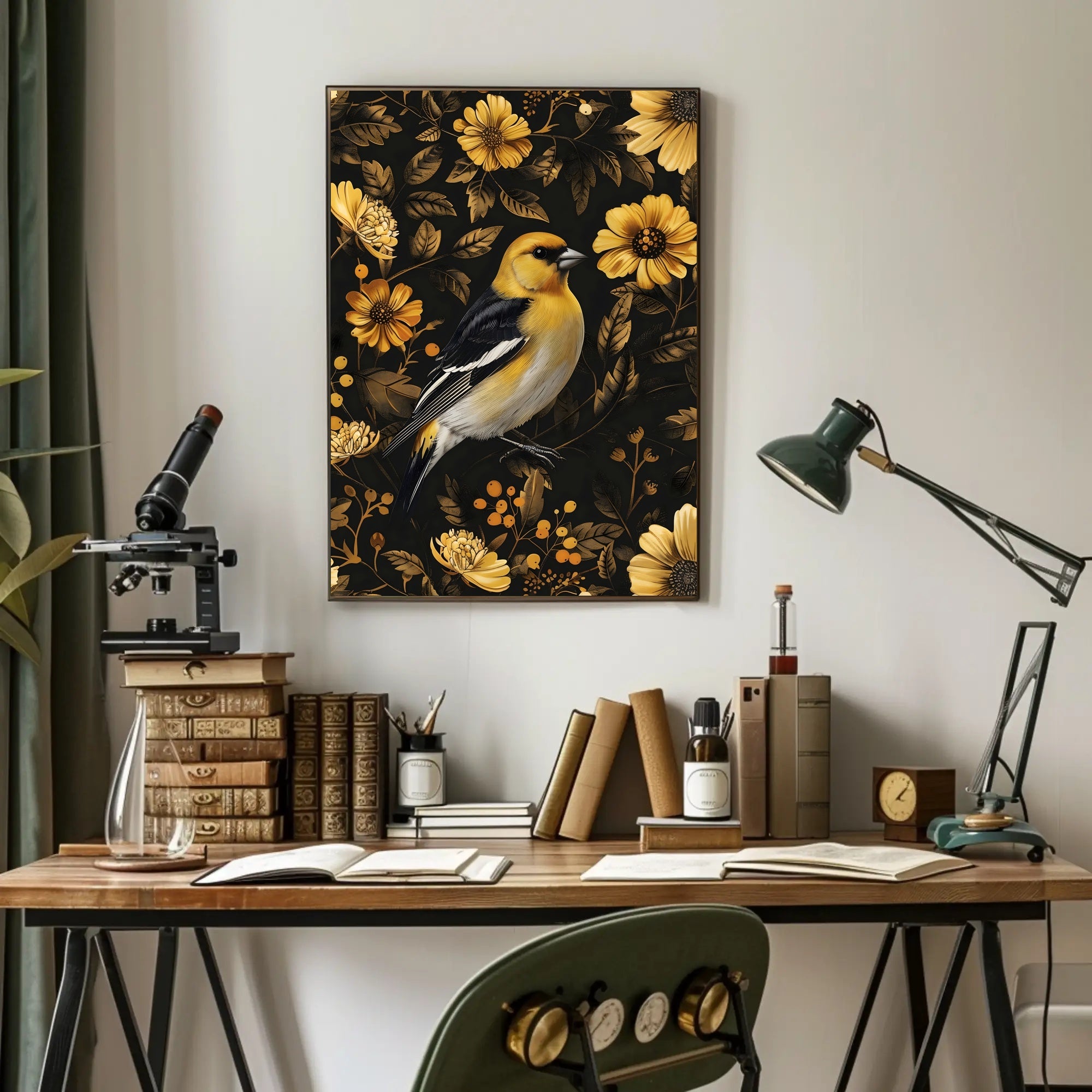 Elegant Yellow Bird Perched Among Flowers Animal Poster