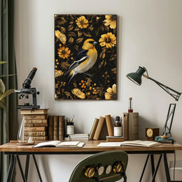 Elegant Yellow Bird Perched Among Flowers Animal Poster