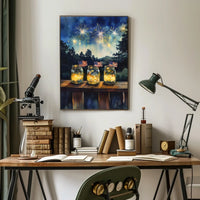 Three Mason Jars Glowing With Fireflies Rustic Poster