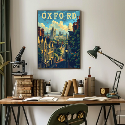 Oxford England University Spires Rooftops Travel Poster