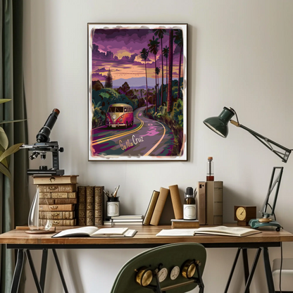 Santa Cruz Sunset Road VW Van Retro Travel Poster