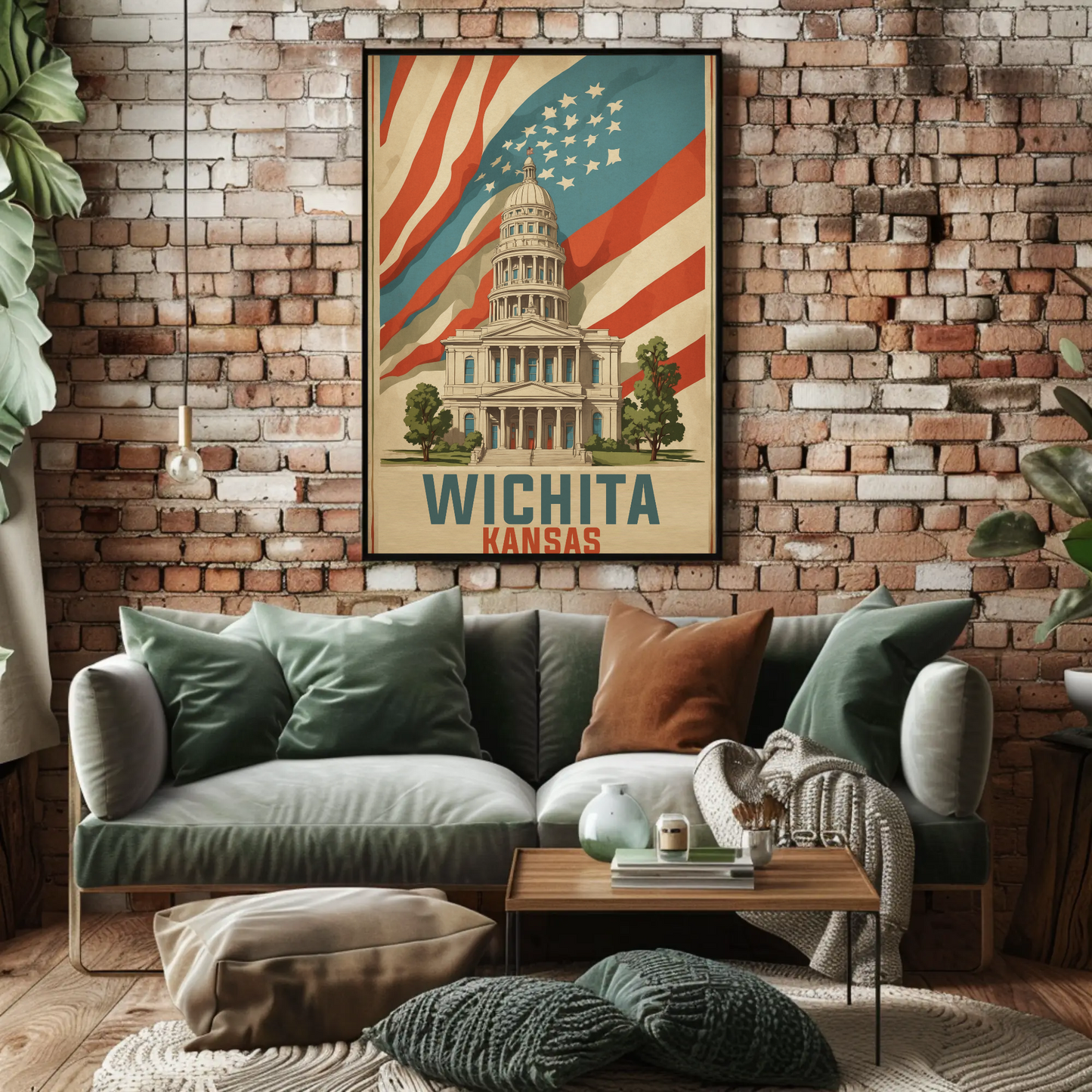 Wichita Kansas State Capitol And Flag Vintage Travel Poster