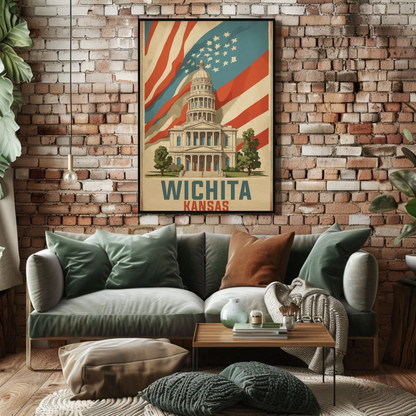 Wichita Kansas State Capitol And Flag Vintage Travel Poster