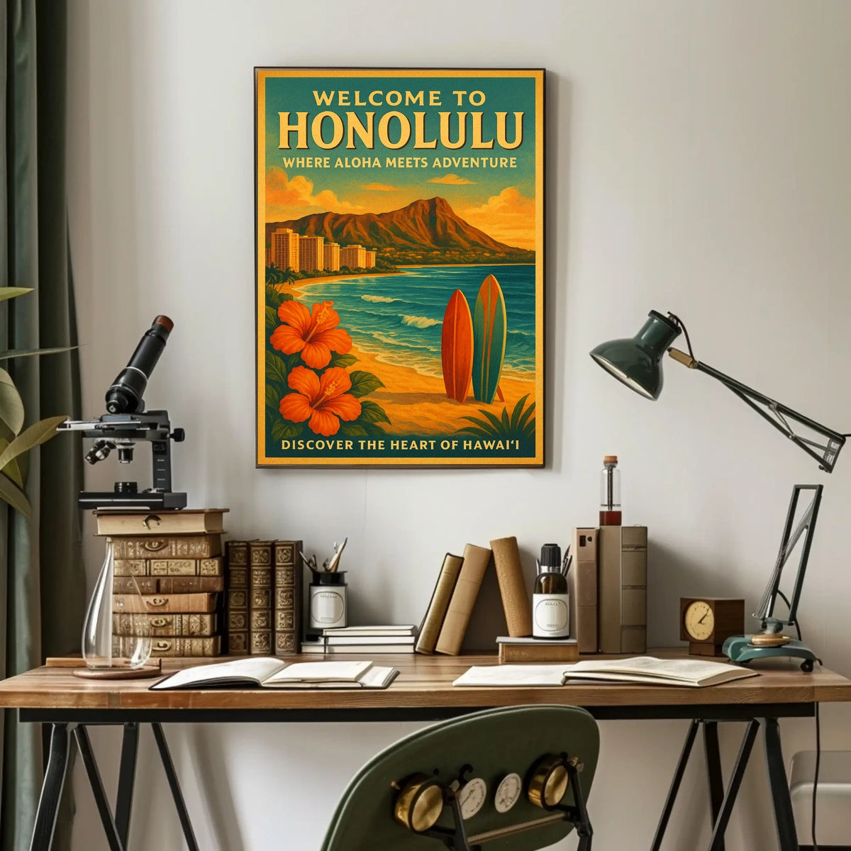 Honolulu Adventure Vintage Travel Poster Beach & Surfboards