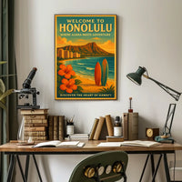 Honolulu Adventure Vintage Travel Poster Beach & Surfboards
