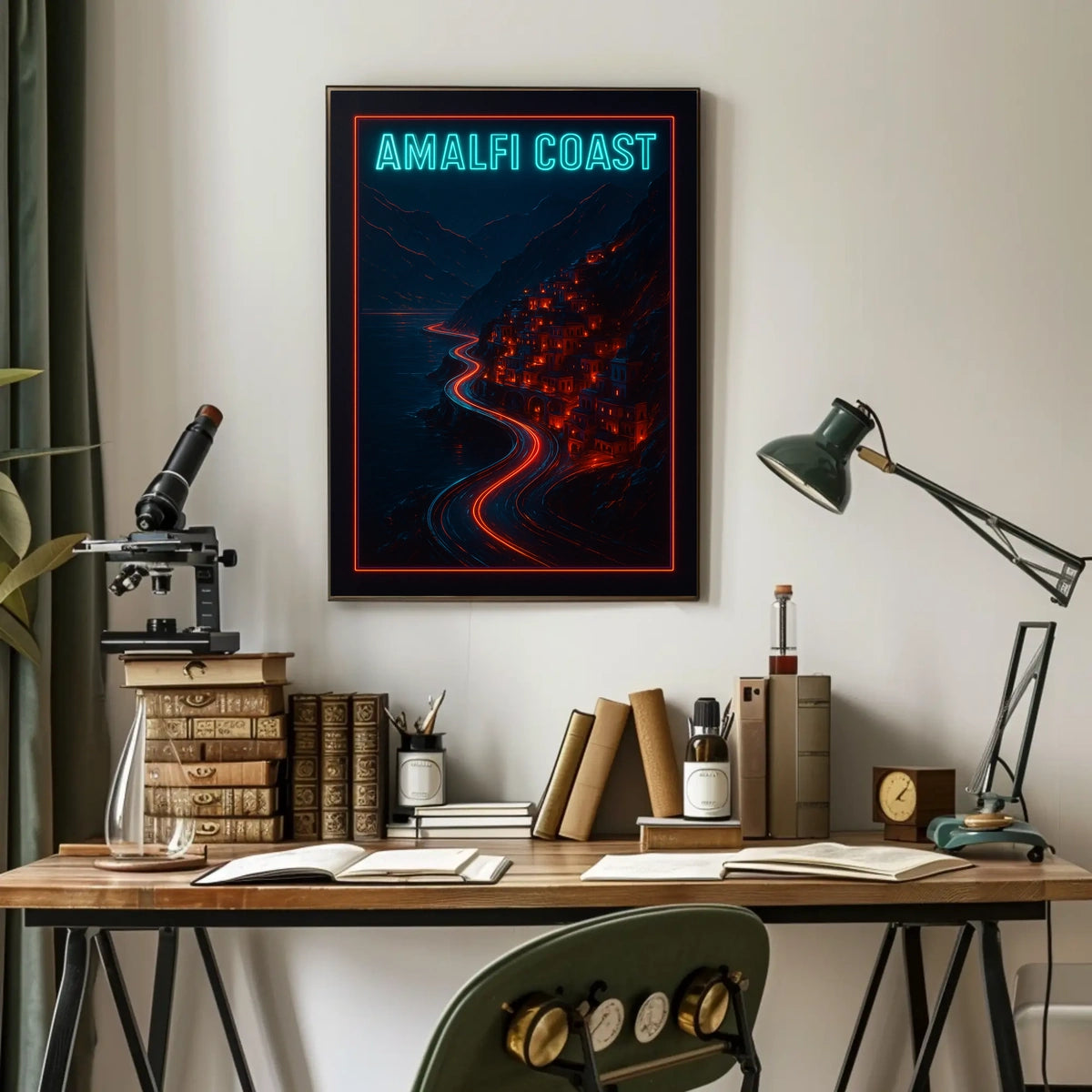 Amalfi Coast Neon Nightscape Poster