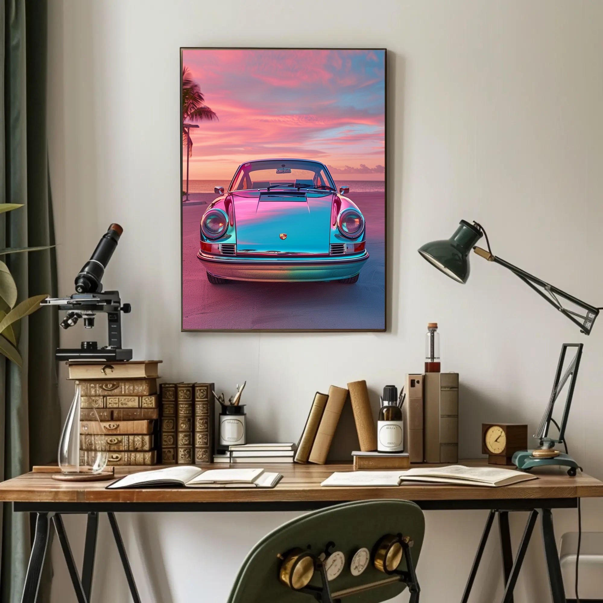 Vintage Car at Sunset Art Print Poster PosterGoat