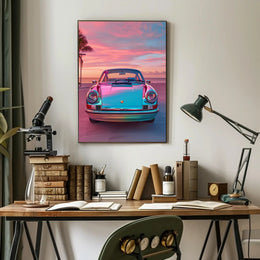 Vintage Car at Sunset Art Print Poster PosterGoat