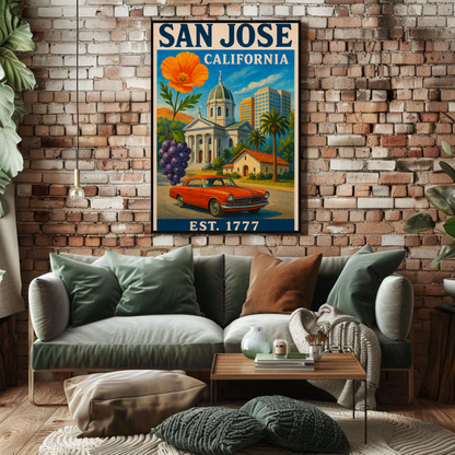 San Jose California Church Grapes Car Vintage Travel Poster