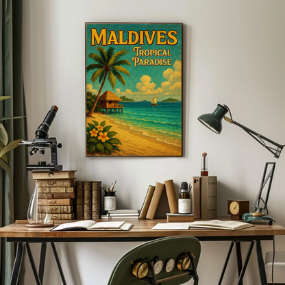 Maldives Tropical Hut With Sailboat Scene Travel Poster