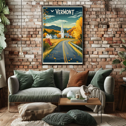 Vermont Vintage Poster - Autumn Road & Church