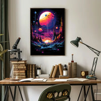 The poster features a vibrant and surreal sci-fi landscape. The core subject is Travel Poster