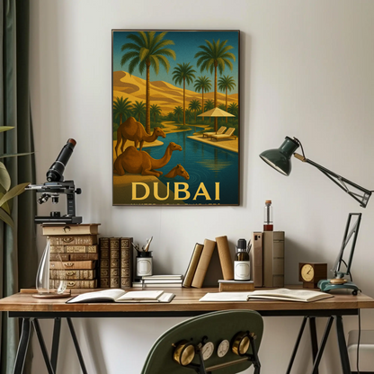 Dubai Desert Luxury Camels Pool Palms Oasis Poster