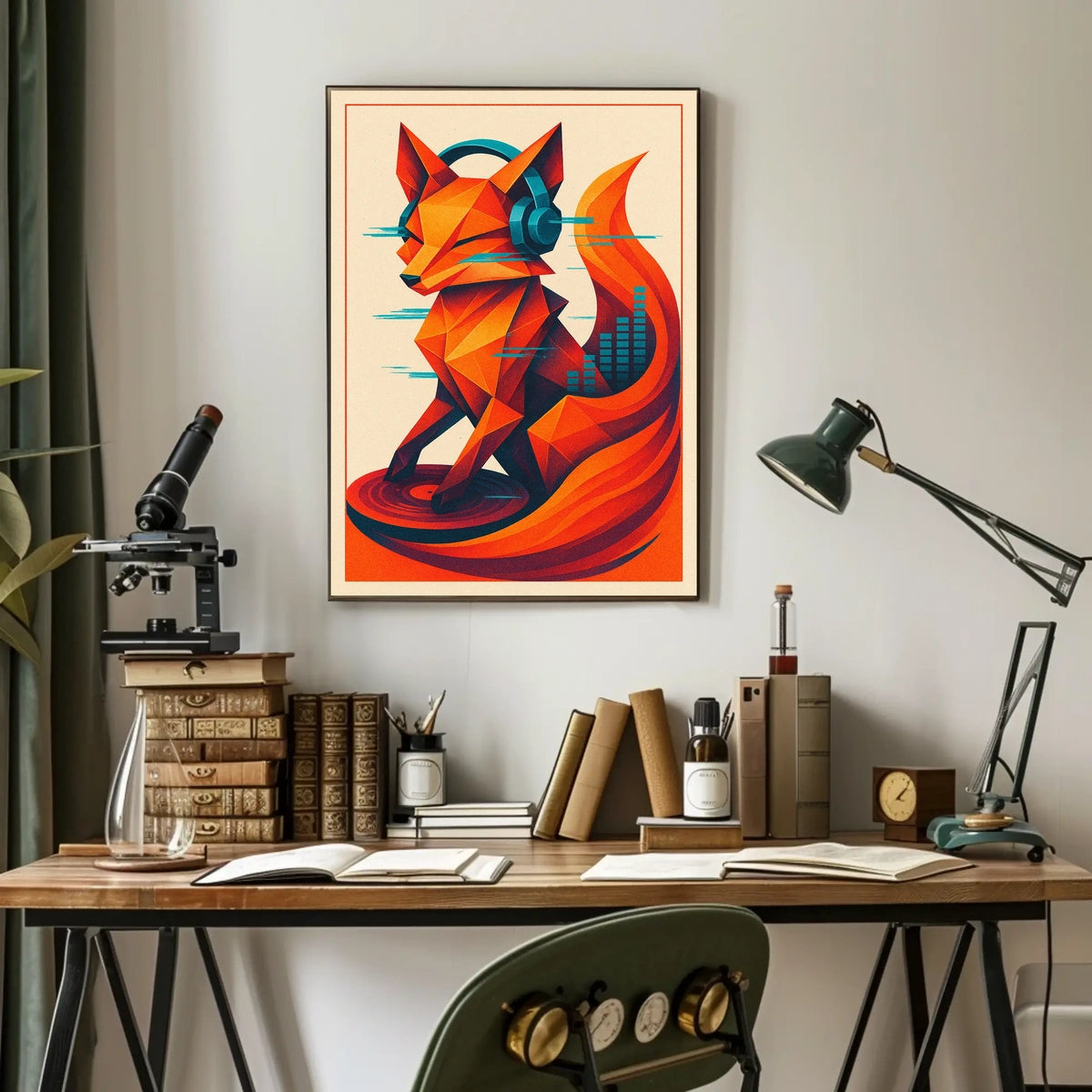 Geometric Fox With Headphones Poster