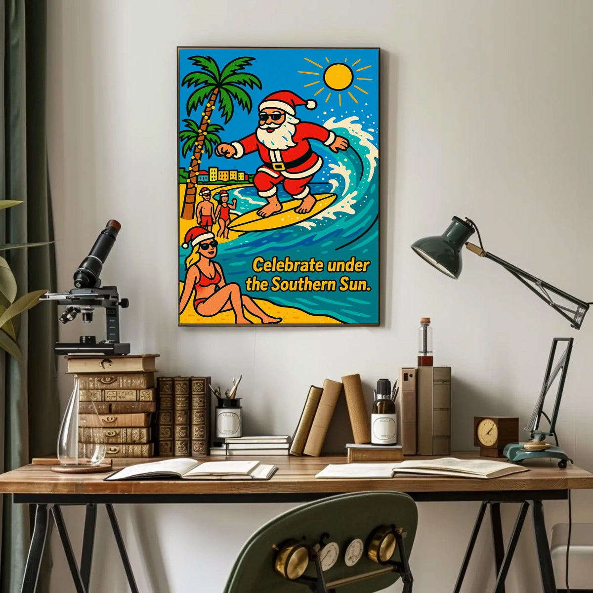 Surfing Santa Vintage Southern Sun Coastal Holiday Nostalgia Seaside Retro Beach Poster