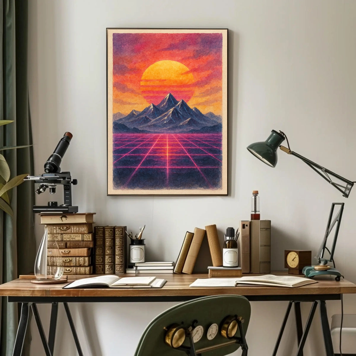 Retro-Futuristic Sunset: Vaporwave Dreamscape Futuristic Sci-Fi Poster