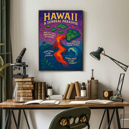 The poster features a vibrant and surreal depiction of Hawaii. The core subject Travel Poster