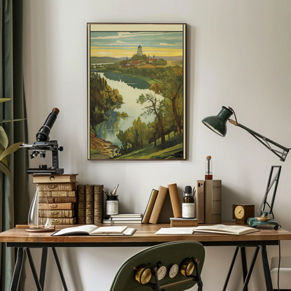 European Hilltop Monastery River Panorama Travel Poster