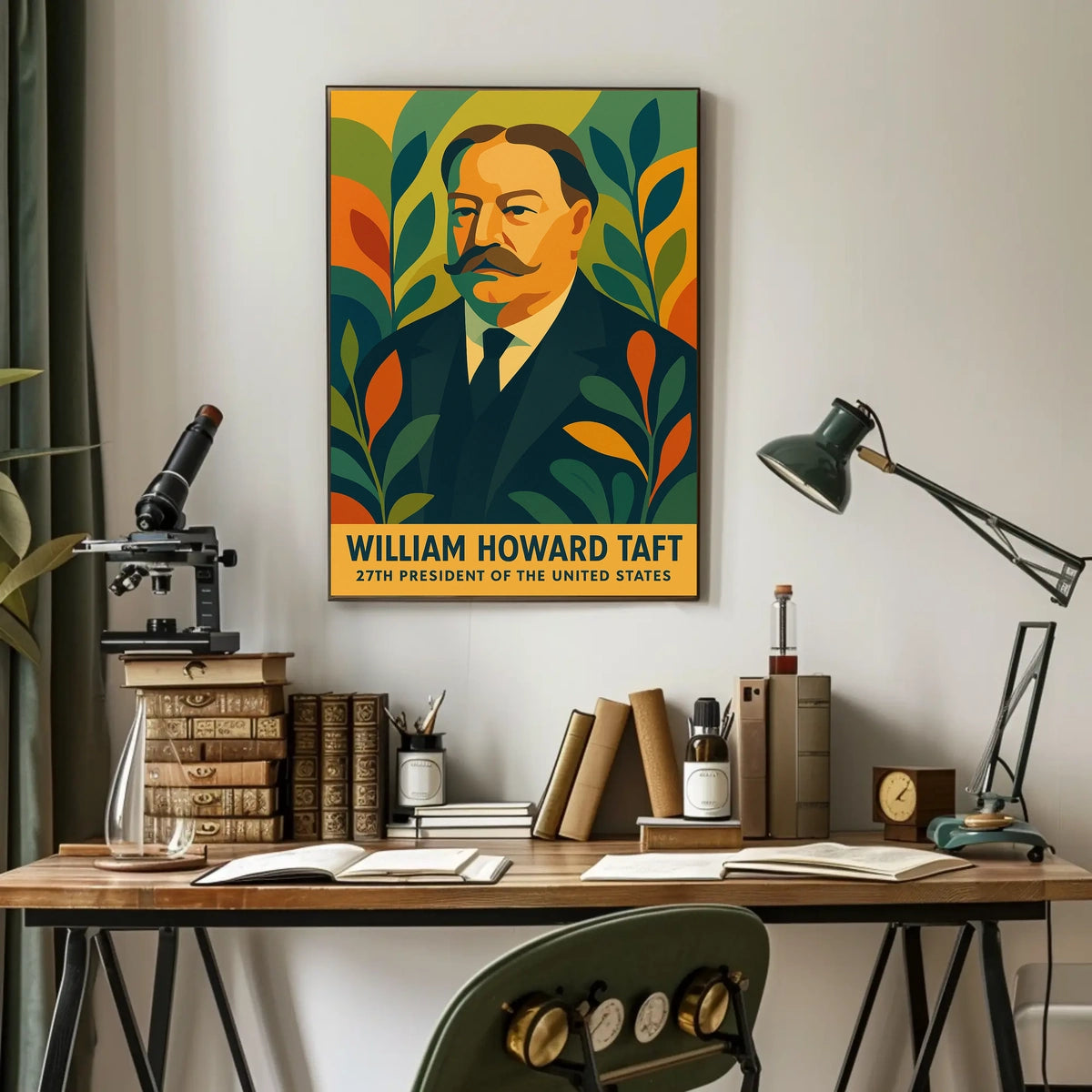 William Howard Taft Patriotic Pop Art Portrait Bold Colors Geometric Leaves Vintage Modern Poster