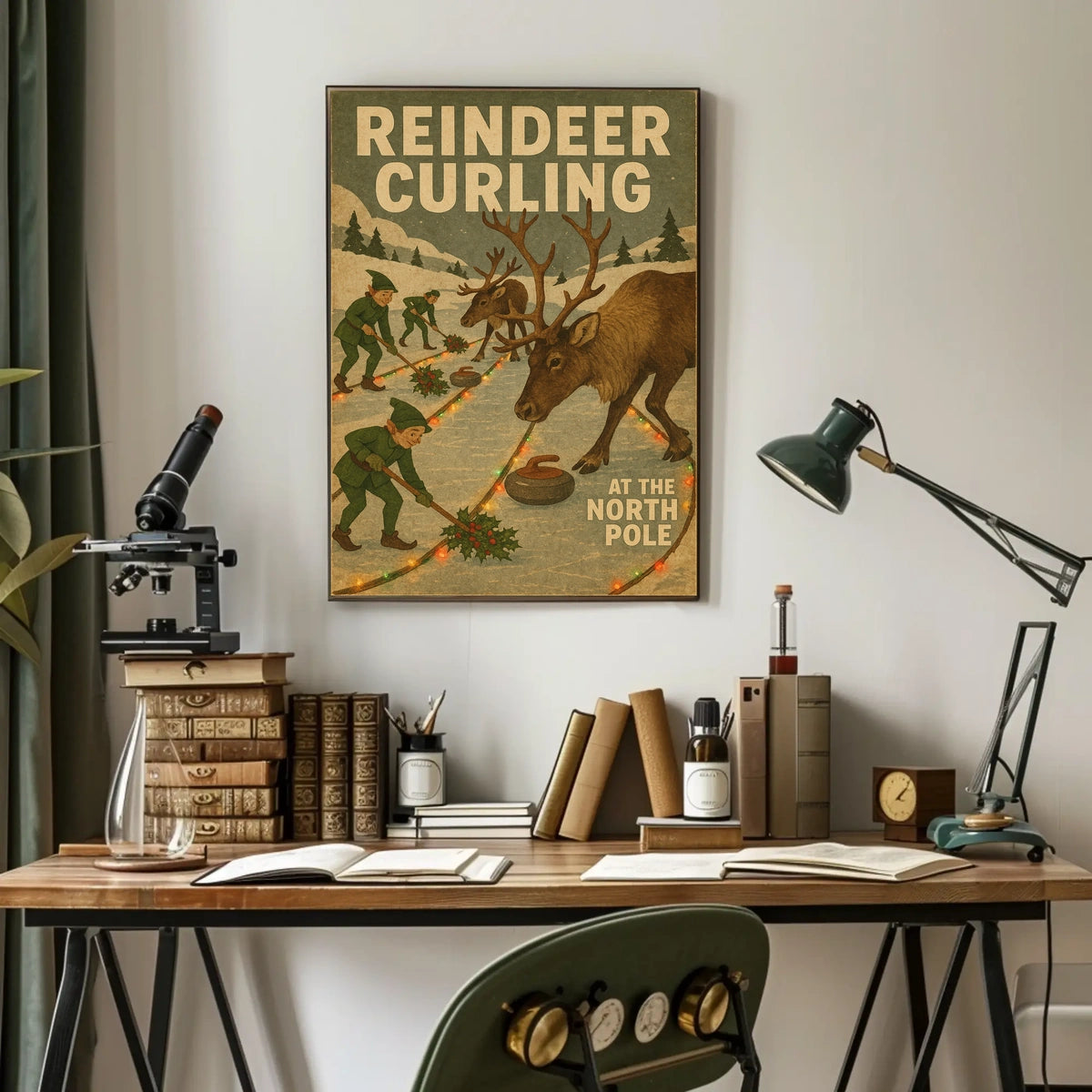 Reindeer Curling at the North Pole Poster