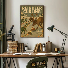 Reindeer Curling at the North Pole Poster