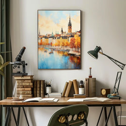 European Cityscape Elegance Captured in Scenic Travel Poster
