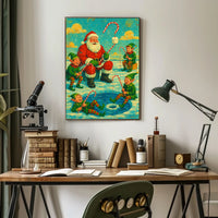 Festive Santa and Elves Vintage Christmas Artistic Poster