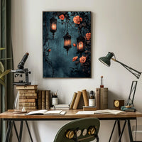 The poster displays a gothic and romantic theme. Three ornately designed lanterns emit Travel Poster
