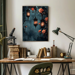 The poster displays a gothic and romantic theme. Three ornately designed lanterns emit Travel Poster