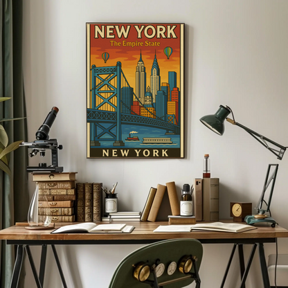 New York Empire State Skyline Bridge Vintage Poster