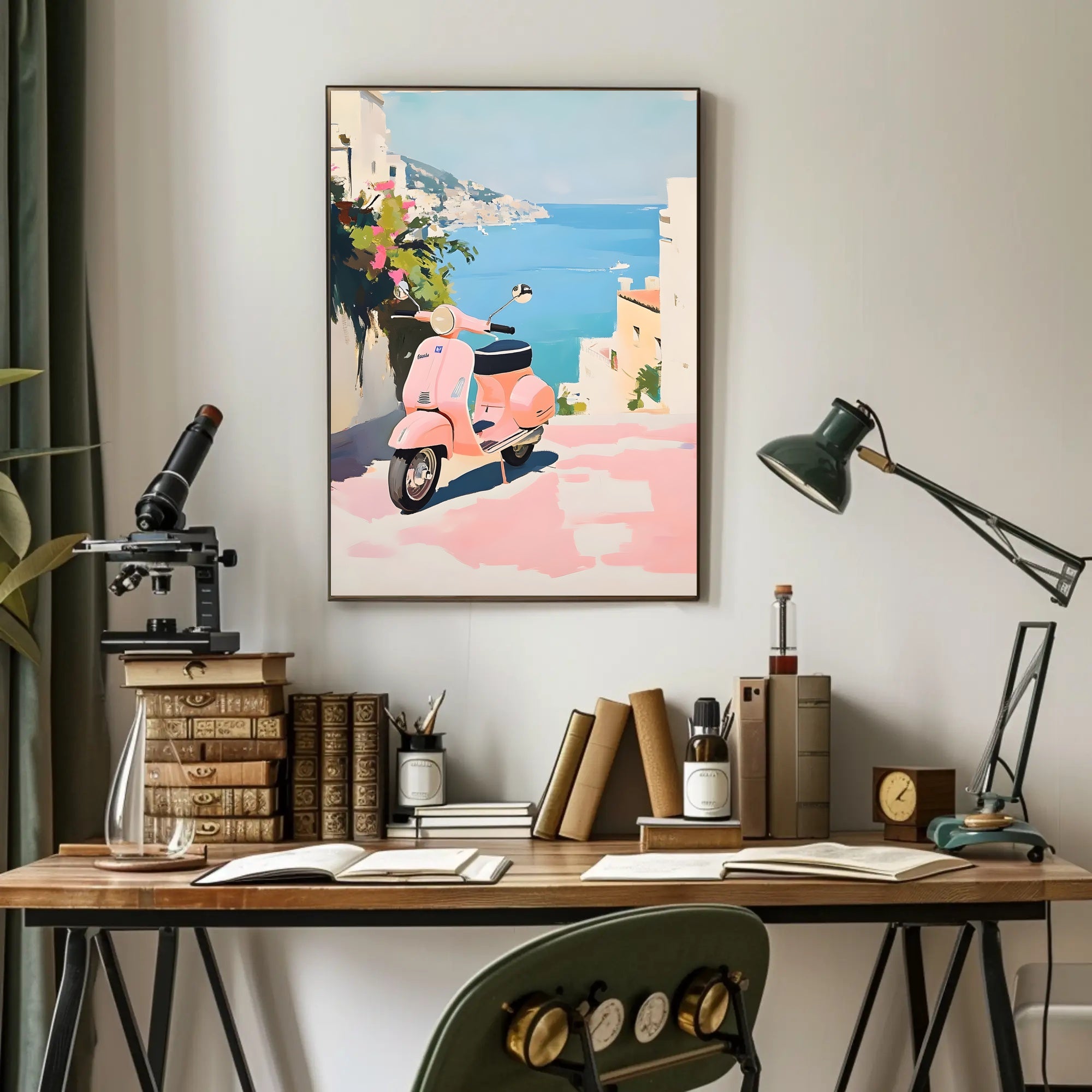 Vespa Coastal Poster Vintage Pastel Travel Wall Art