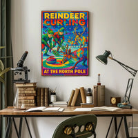Reindeer Curling at the North Pole Poster