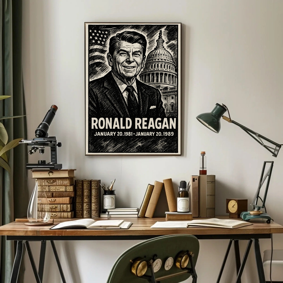 Ronald Reagan 40th President of the United States B & W Comic Sketch Poster