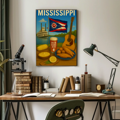 Mississippi River Guitar Beer Catfish Corn Flag Travel Poster