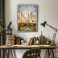 New York City Whimsical Skyline Poster Vintage Wall Decor