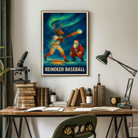 Reindeer Baseball Scene Under Northern Lights - Fantasy or Mythology Poster