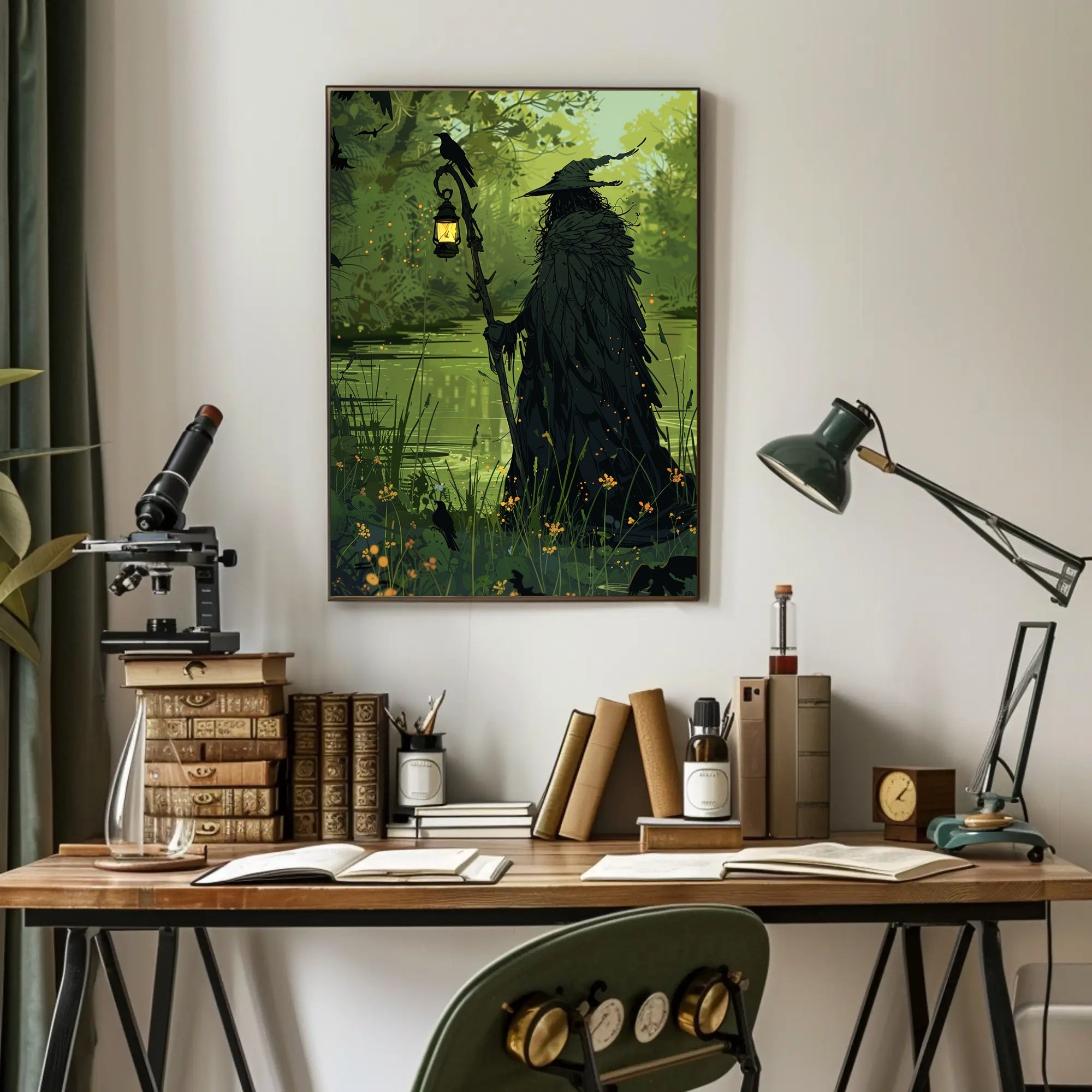 Mysterious Forest Figure with Crow Fantasy or Mythology Poster PosterGoat