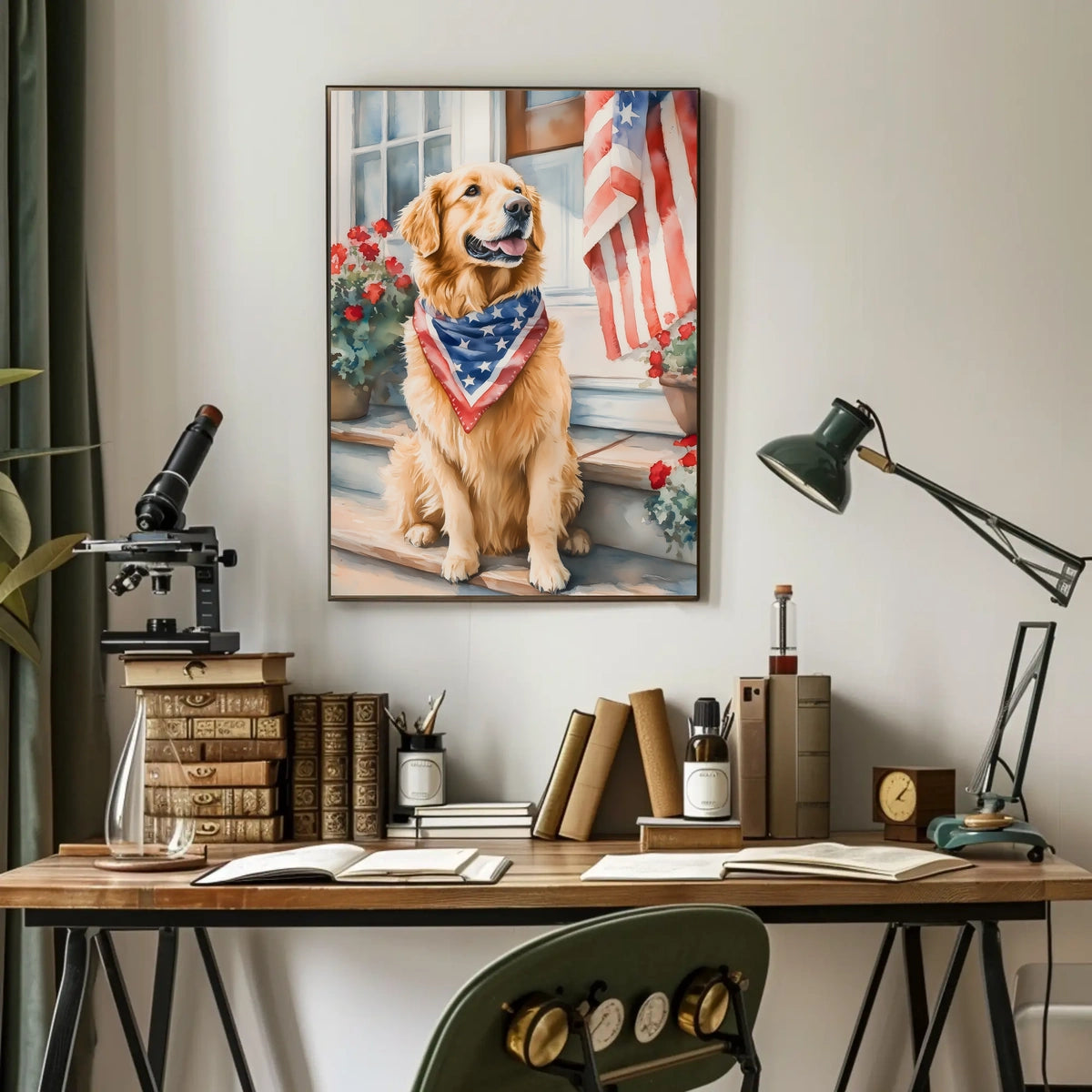 Golden Retriever On Front Porch Patriotic Bandana Poster