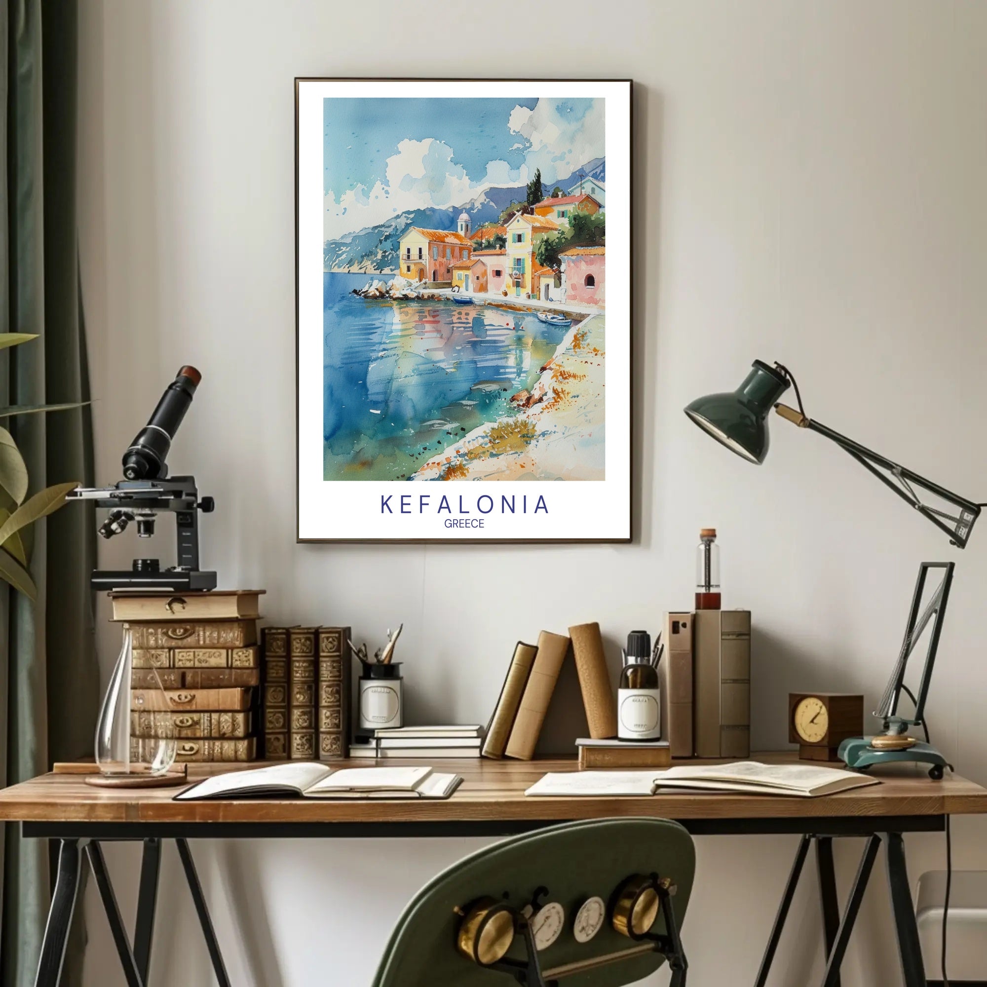Kefalonia Coastal Serenity Watercolor Travel Poster PosterGoat