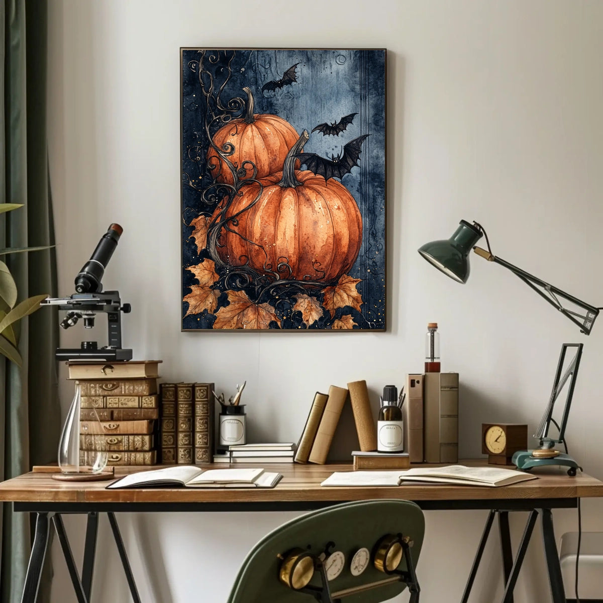 Stylized Halloween Pumpkins with Bats Decorative Art Poster