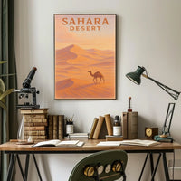 Sahara Desert Exploration Travel Retro Eighties Art Deco Camel Silhouette Golden Dunes Nostalgic Decor Poster