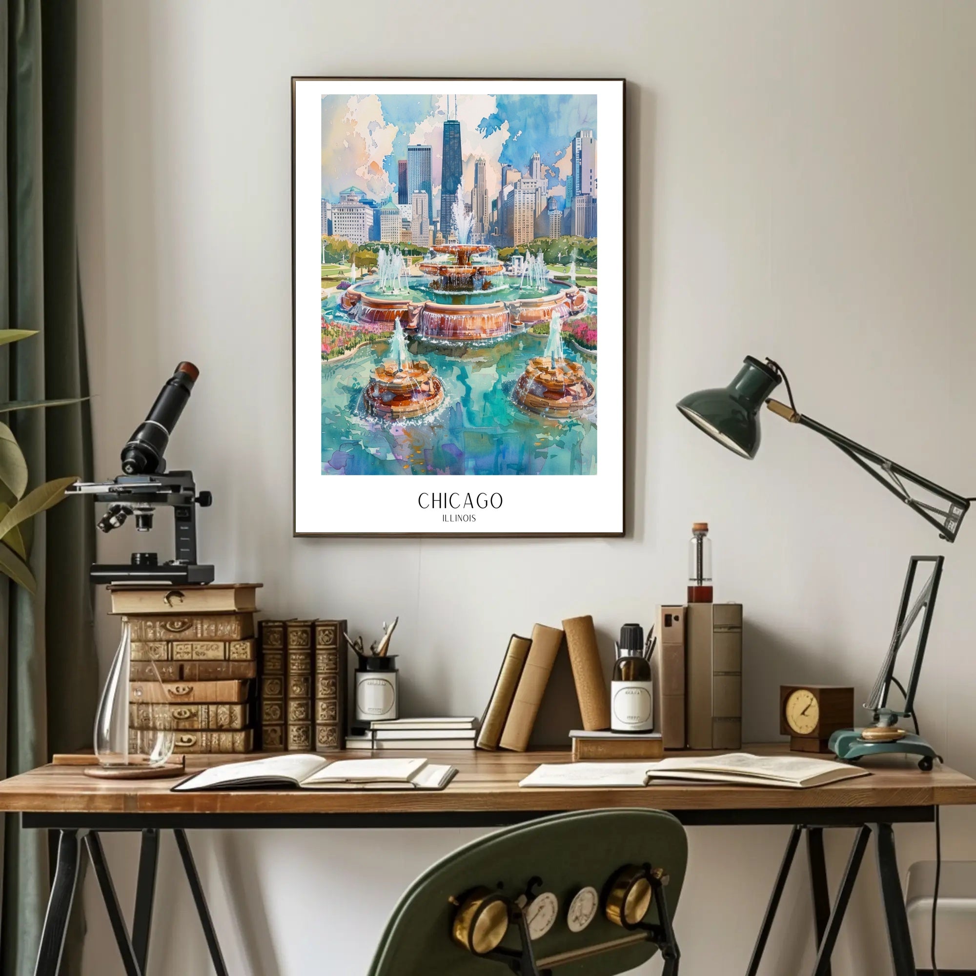Chicago Skyline with Buckingham Fountain Urban Cityscape Poster PosterGoat