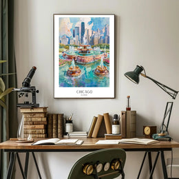 Chicago Skyline with Buckingham Fountain Urban Cityscape Poster PosterGoat
