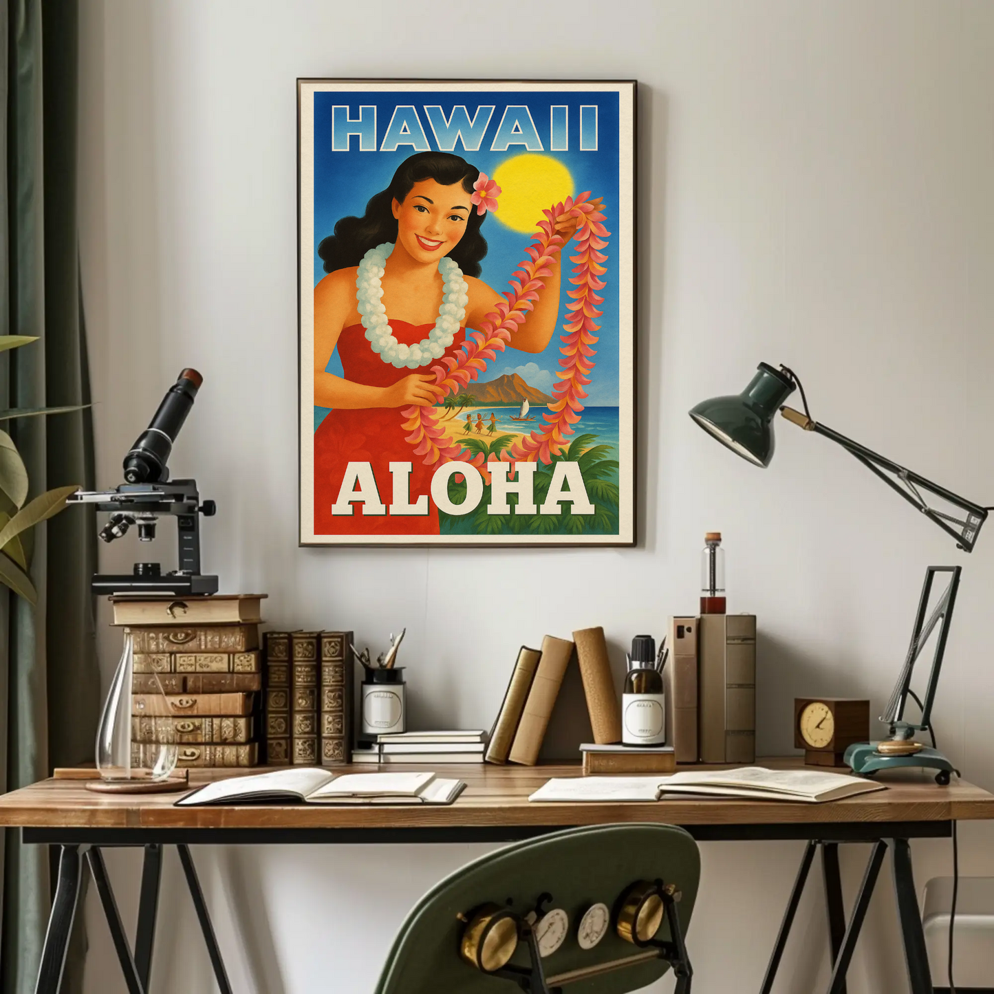 Vintage Hawaii Girl Lei Diamond Head Beach Travel Poster