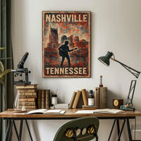 Nashville Guitar Silhouette Vintage Music Cityscape Rustic Texture Nostalgia Folk Art Poster