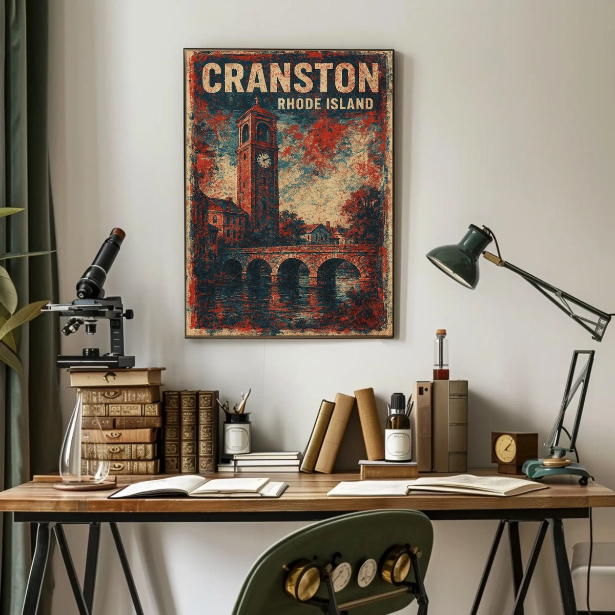 Cranston Clock Tower Cityscape Nostalgic Art Deco Poster