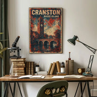 Cranston Clock Tower Cityscape Nostalgic Art Deco Poster