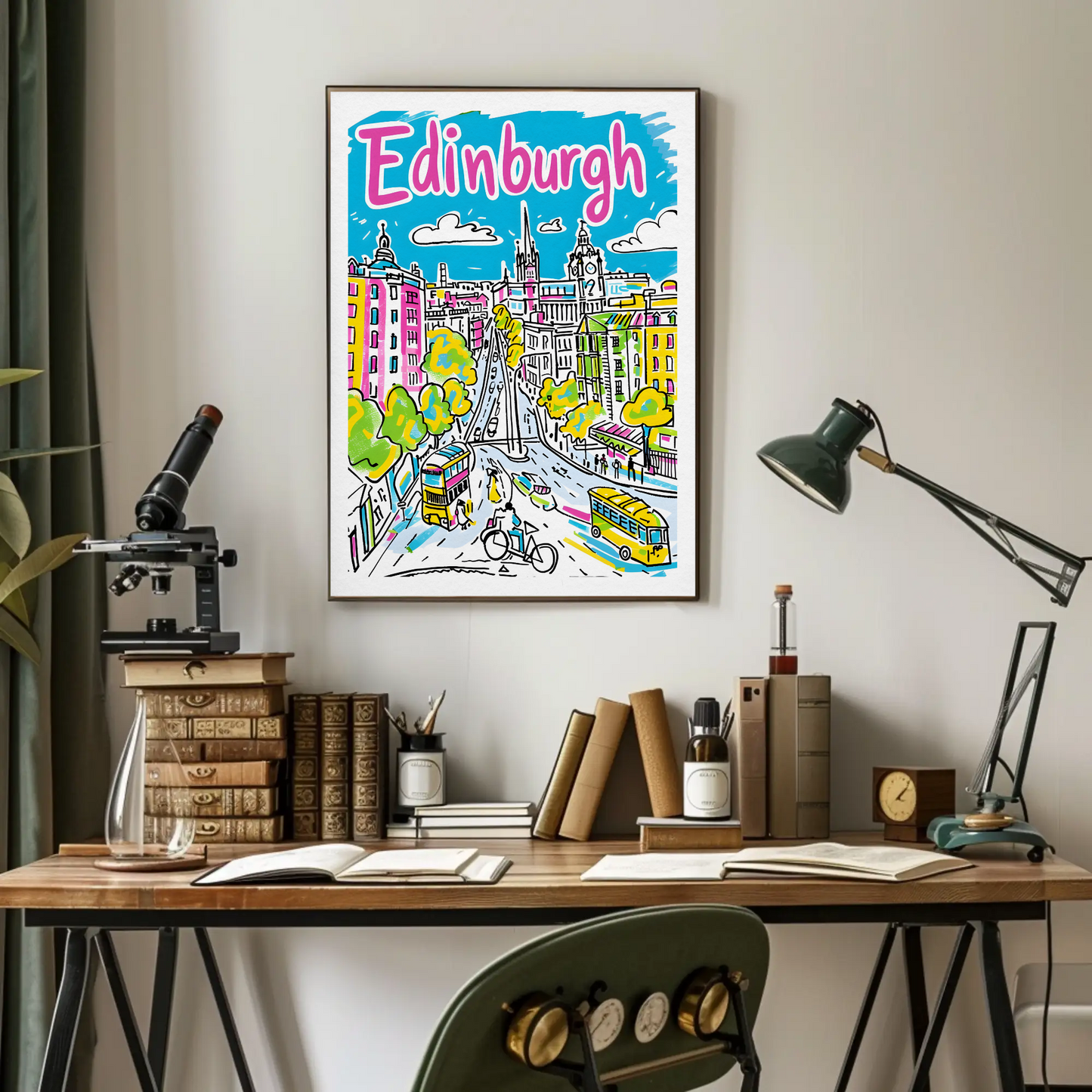 Edinburgh Scotland Colorful Cityscape Street View Travel Poster