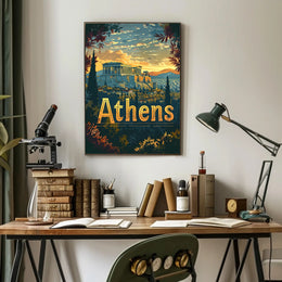 Athens Parthenon Sunset Vintage Travel Poster