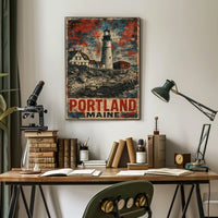 Timeless Portland Maine Lighthouse Coastal Vintage Travel Lithograph Scenic Collectors Nautical Architecture Poster
